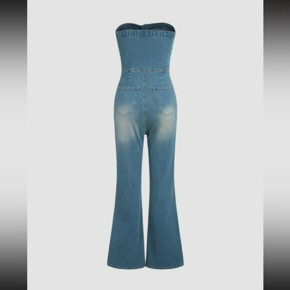 NWT Cider Denim Strapless Cut Out Flared Jumpsuit Size Medium - Picture 2 of 11